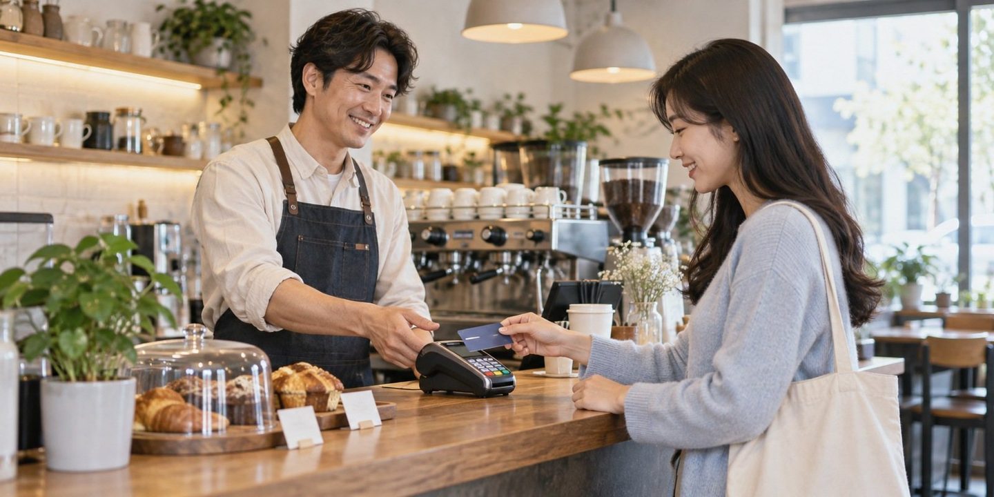 매장 카운터에서 결제 기기를 함께 확인하는 두 사람 — PG결제대행사 가입 업종 심사에서 멈추셨다면, 장사 이야기부터 다시 듣겠습니다.