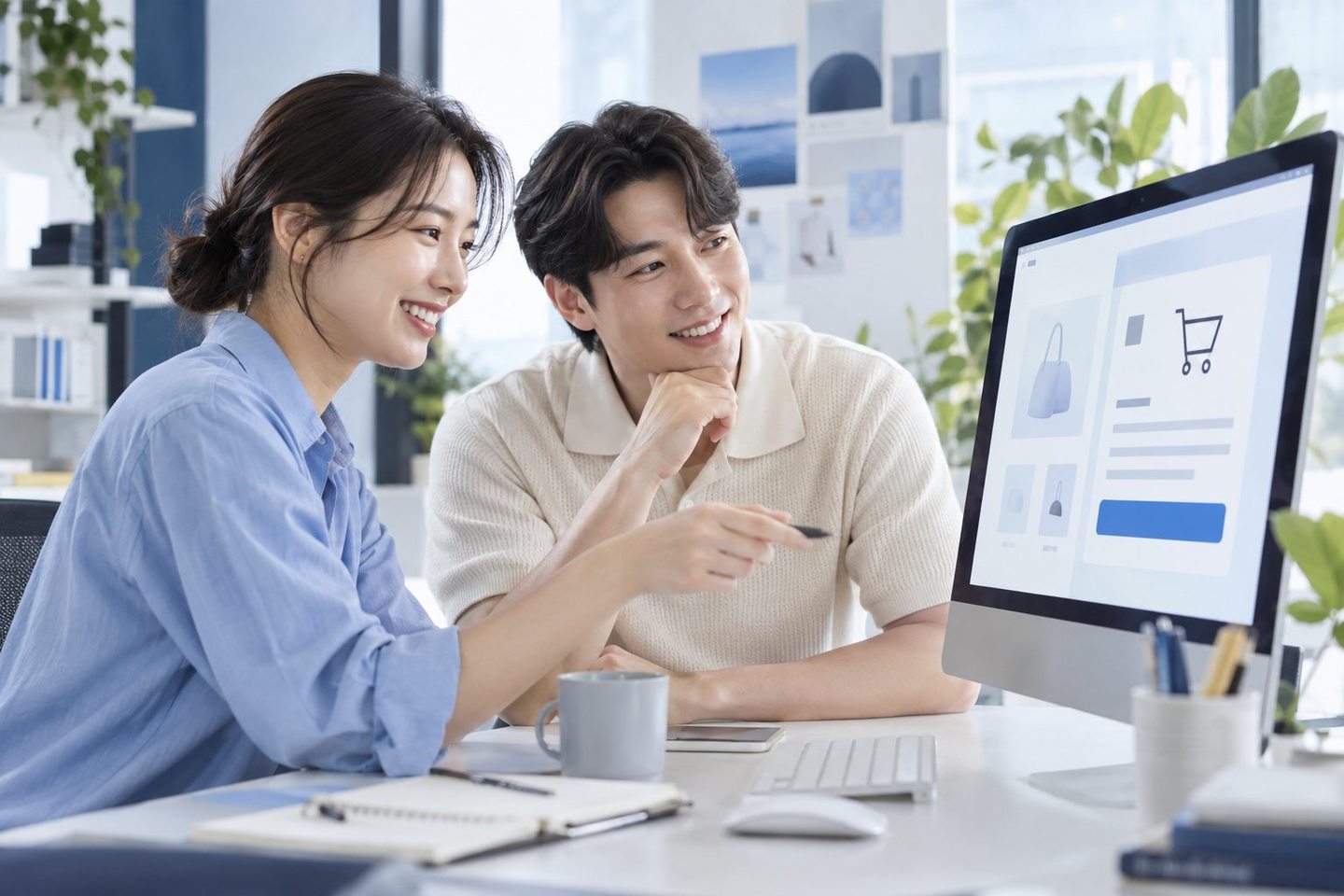 노트북 화면을 보며 업무를 함께 확인하는 두 사람 — PG결제대행사 가입 서류서류, 미리 두면 뒤가 빨라져요. 연락 주시면 챙길 장을 한 번에 일러 드려요.
