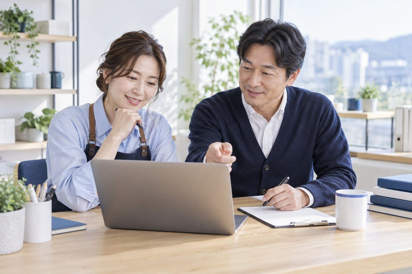 서류를 펼치고 조건을 함께 확인하는 두 사람 — PG결제대행사 가입 무엇을 어떻게 파시는지, 그 이야기가 길이 됩니다.