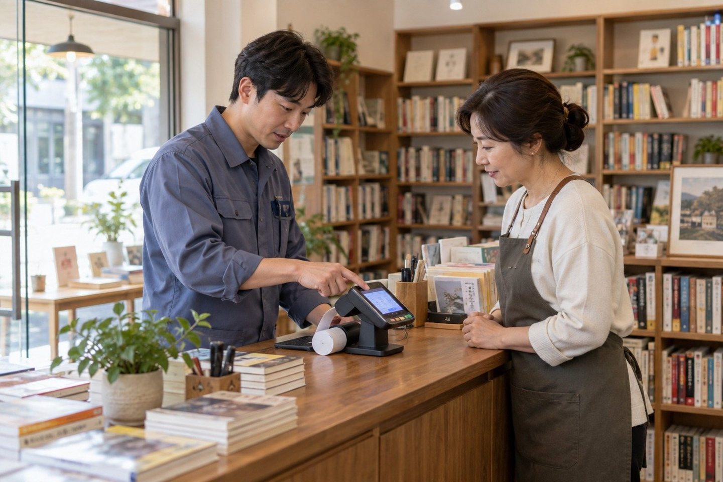 매장 계산대에서 고객의 카드결제를 받는 운영자 — PG결제대행사 가입 판매 방식판매 방식, 하루를 그대로 들려주세요. 연락 주시면 어울리는 결제 길을 찾아 드려요.